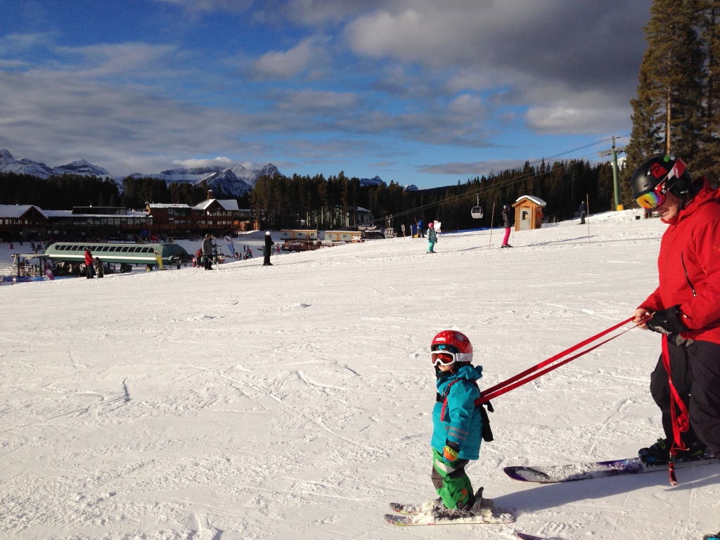 Learning to ski in the beginner area. 