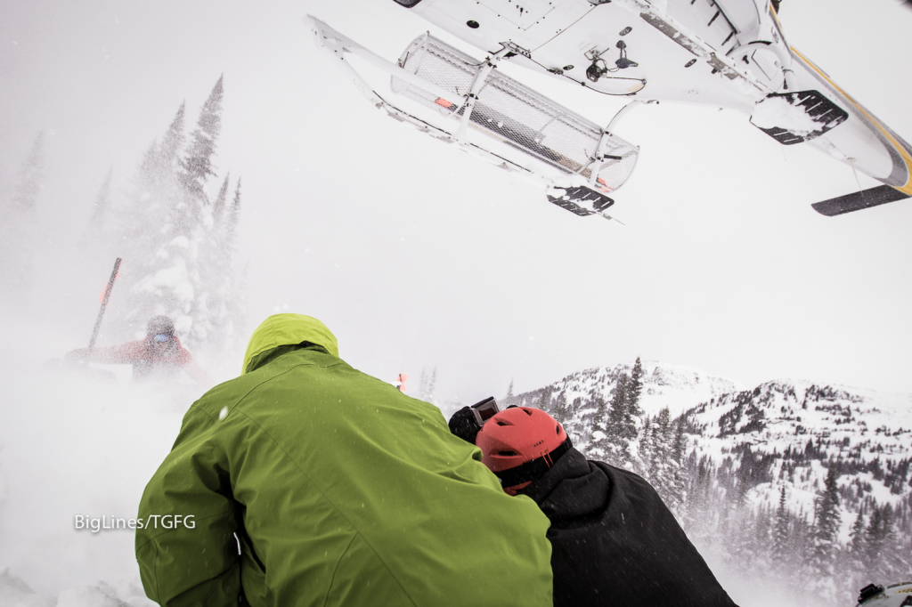 Hood up, collar zipped, heli leaves on top of goods @ Eagle Pass Heli-skiing