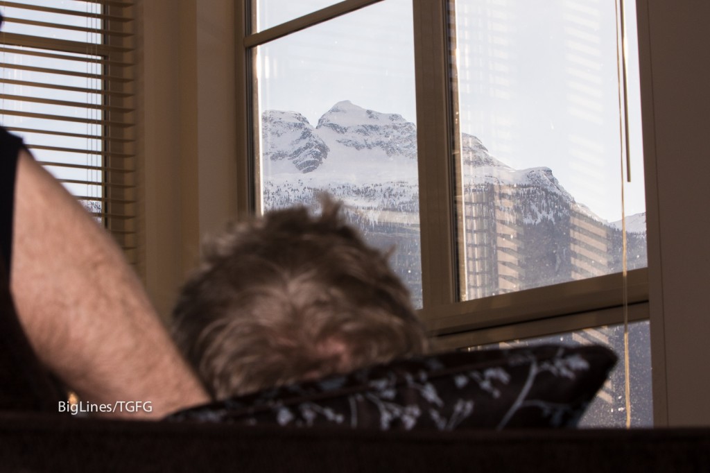 Morning coffee staring at the peak we climbed the day before. Sutton Place Revelstoke Mountain Resort