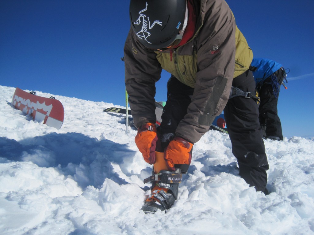  Change over on the top of Mt. Columbia. I managed to take my crampons off, pack them away, put my tongues in and do up my boots, all with the Lithic gloves on.