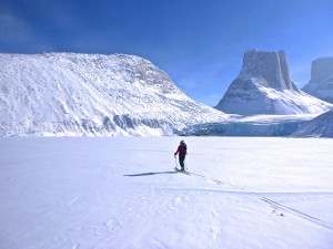 Touring back from Mt Beluga and you can barely make out our camp below Belvedere Ridge