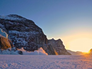 Tucking in for the night at the base of Polar Star and  serac falls off the  mountain