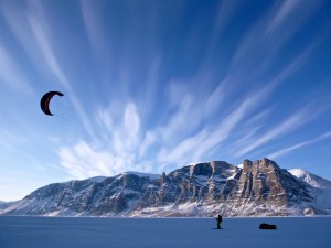 Patrick Bruce kiting to our new campsite at the base of the Walker Citadel with pulk in tow