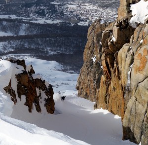 Carving a chute off Cerro Catadral. Photo: Eric Hjorleifson